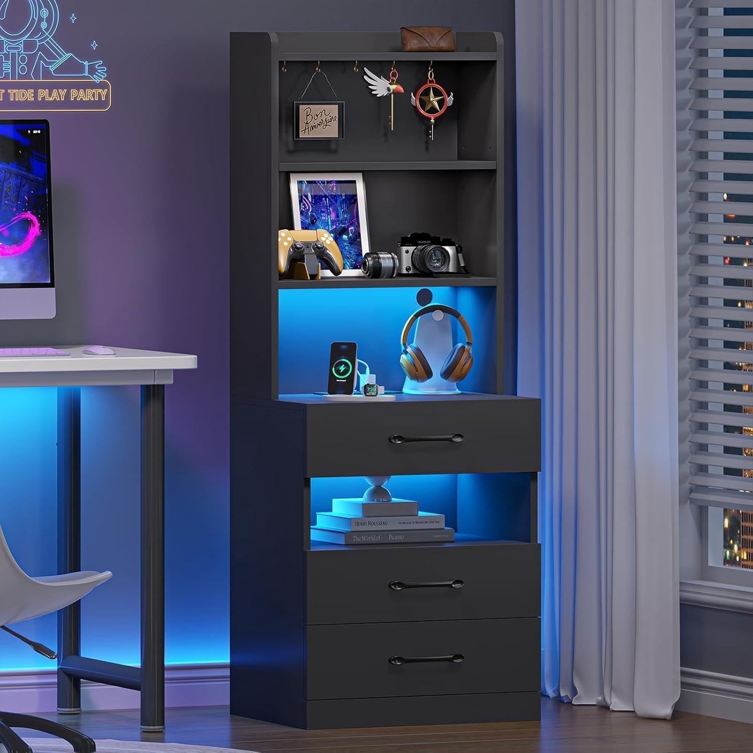AOGLLATI Tall Nightstand with Charging Station and LED Lights Bookshelf, Bedside Table with 3 Drawers and Storage Shelves, End Side Table for Bedrooms