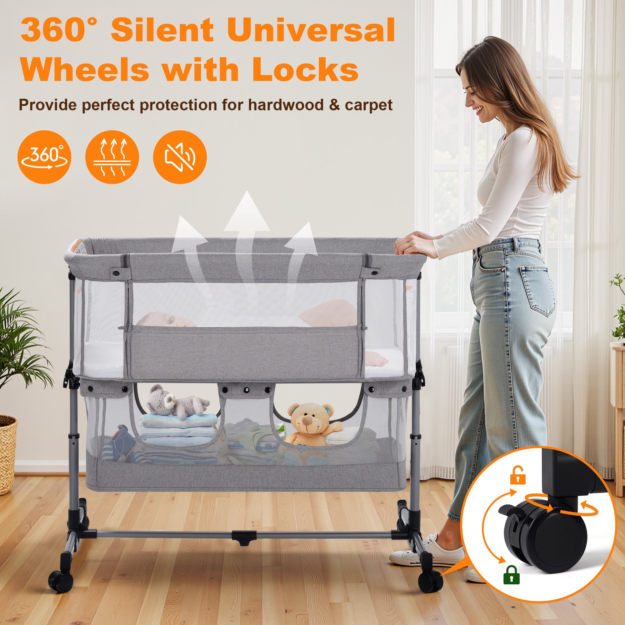 Vomeast Baby Bassinet Bedside Sleeper with Wheels, Adjustable Height, Storage Basket, Mosquito Net for Newborns Infants, Light Gray