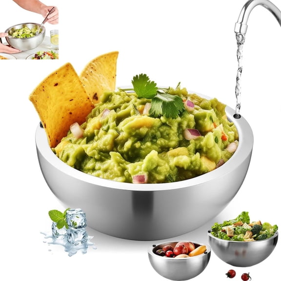 Salad Bowl, 70oz Dip Chiller Bowl, Stainless Steel Double Walled Insulated Ice Serving Bowl with Water Injection Hole for Salsa, Guacamole, Sauces, Salad Food Hot or Cold