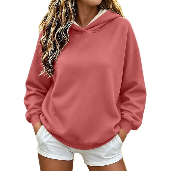 Vrorvz Hooded Sweatshirts for Womens Long Sleeve Crew Neck Shirts Solid Color Casual Loose Sweatshirt