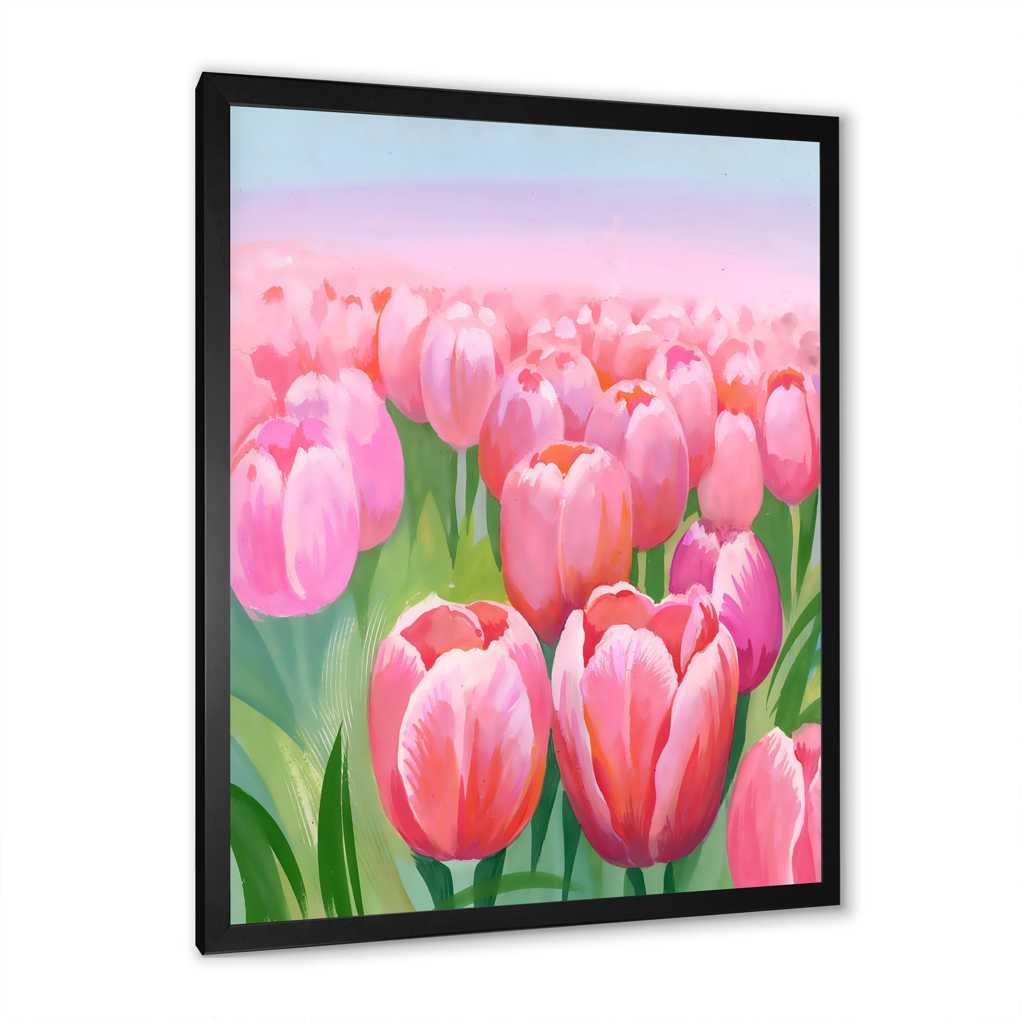 Designart 'Pink Tulips in Field' Traditional Framed Art Print