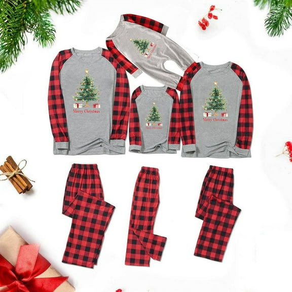 Odeerbi Christmas Pajamas for Family Holiday Plaid Long Sleeve Family Christmas Pajamas Matching Sets Dad Plaid Printed Loungewear Top Pants Set Two-Piece Sleepwear Xmas PJs Set Red