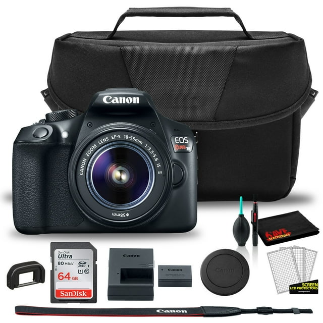 Cámara DSLR Canon EOS Rebel T6 con lente de 18-55 mm (1159C003) + bolsa Canon EOS + tarjeta Sandisk Ultra de 64 GB + kit de limpieza y cuidado