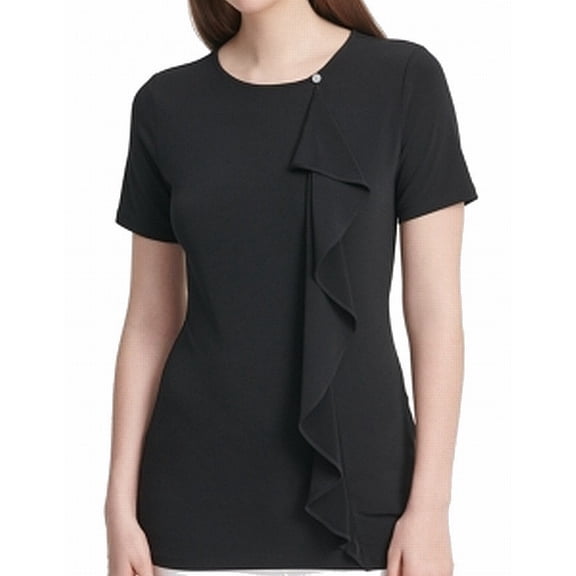 DKNY Ruffle Trim Crewneck Top Black XS