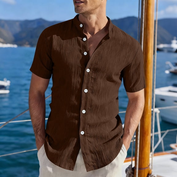Blczomt Mens Shirts Casual Brown Button Up Big & Tall Plain T-Shirts Button Down Short Sleeve Summer Men's T-Shirts