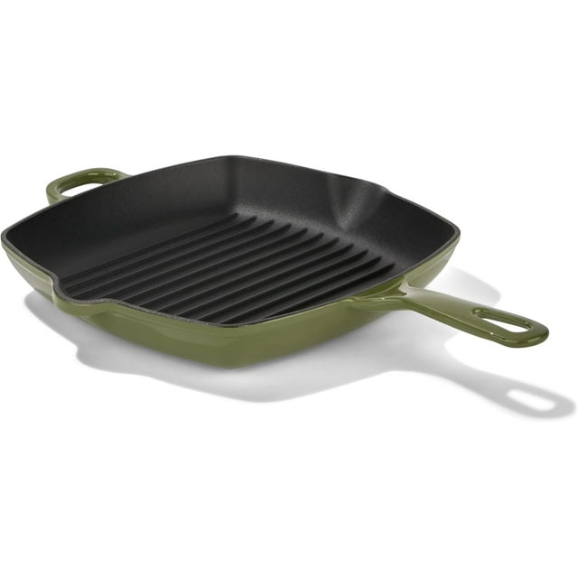 Chuck Hughes Poêle-Gril Carrée en Fonte 26 cm – Poêle-Gril Intérieure Robuste pour Viande, Poisson et Légumes, Surface Antiadhésive Assaisonnée, Répartition Uniforme de la Chaleur, Va au Four et sur la Cuisinière (Vert Colvert)