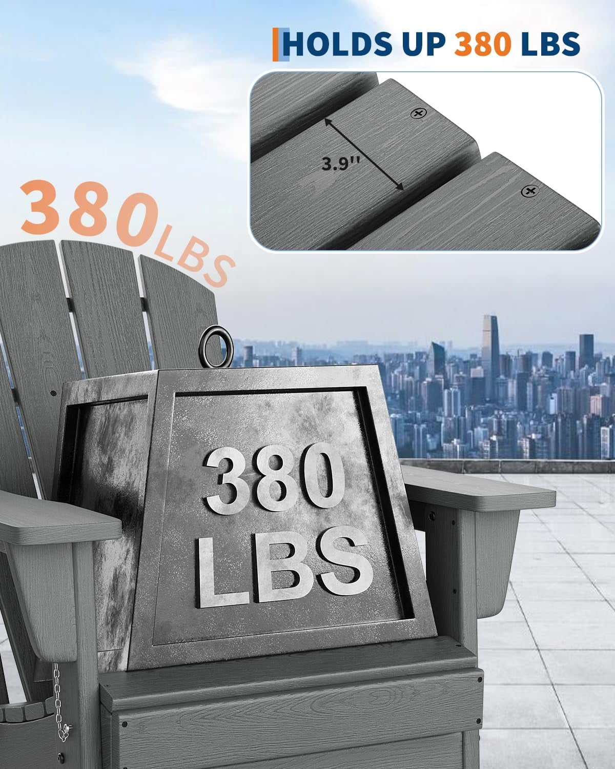 Folding Adirondack Chairs, HDPE Plastic Outdoor Chairs with Wood Texture 380Lbs & Weather Resistant for Fire Pit, Deck, Patio, Pool, Backyard Gray