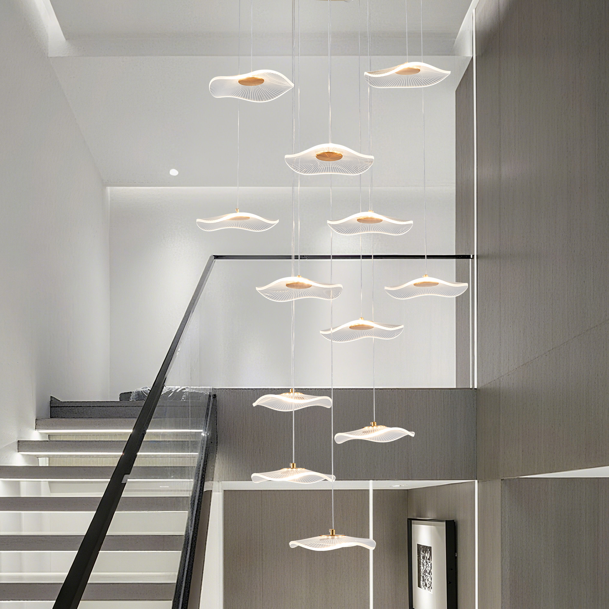 Modern Spiral Lotus Leaf Chandelier - Dimmable 12-Light LED Pendant with Remote for High Ceilings