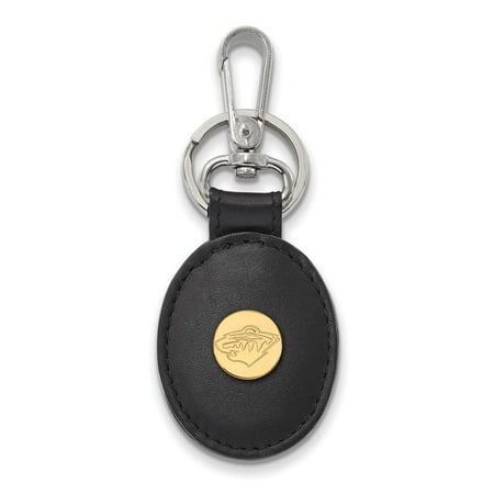 Minnesota Wild Leather - Solid 925 Sterling Silver with Gold-Toned NHL Minnesota Wild Black Leather Oval Key Chai