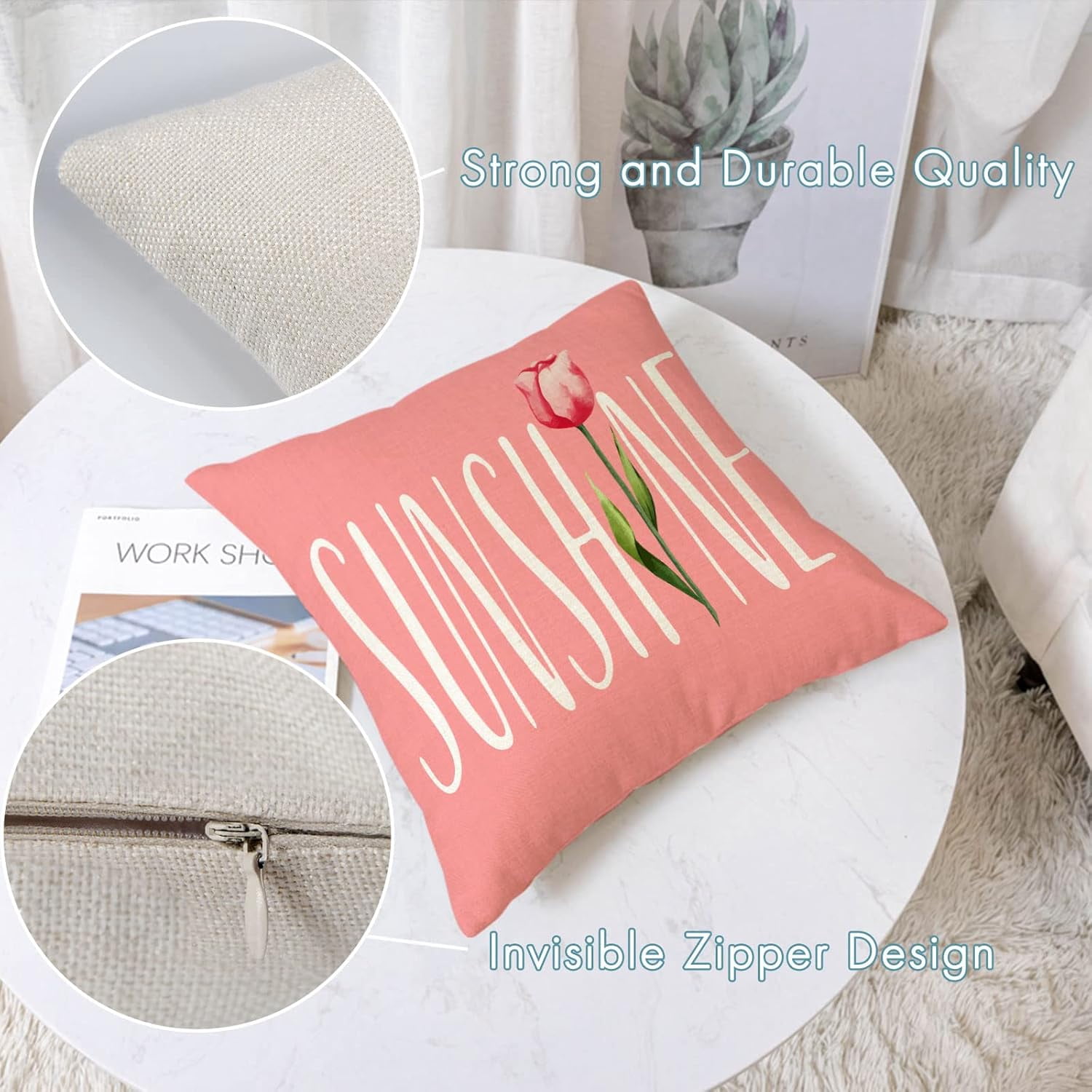 Set of 4 Tulip Pillow Covers 16x16 Spring Summer Pillow Covers Pink Floral Throw Pillow Covers Cushion Covers Square Pillow Cases for Couch Sofa Patio Outdoor Home Decorations(16 Inch)