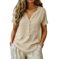 thumbnail image 6 of CYYOLLPF linen top Boho Ethnic Style Peasant Tee Loose Fit Tunic Embroidery Gauze T-Shirt for Women 3/4 Sleeve Tunic Tops Lapel Gauze Tops Cotton Linen Tops for Women Gauze Shirts Beige 4XL, 6 of 7