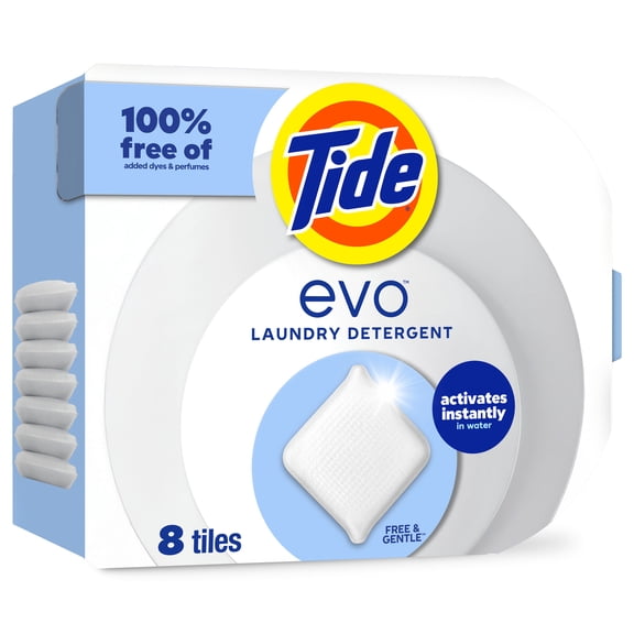 Tide evo Laundry Detergent Tiles, Free & Gentle, Works on 100% of Common Stains, Unscented, 8 Count