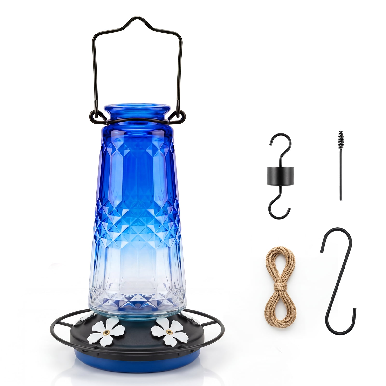Kingsyard 18.6 oz Blue Glass Hummingbird Feeder, 5 White Ports, Ant Moat Included