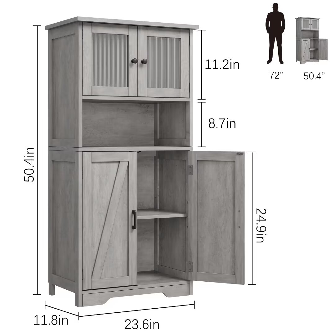 50" Kitchen Pantry Storage Cabinet with Glass Doors & Adjustable Shelves, Wooden Storage Cabinet for Kitchen Bathroom Living Room, Gray