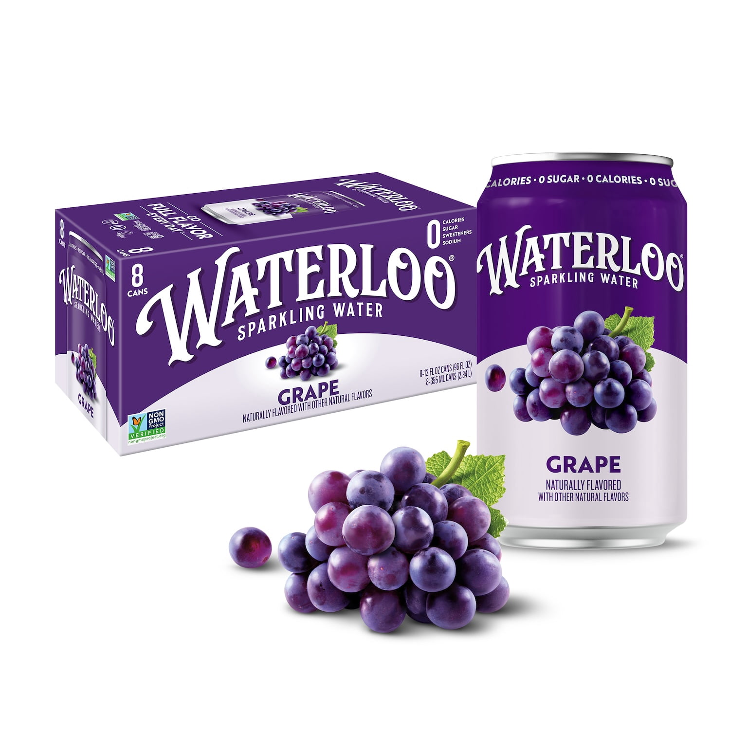 (2 pack) Waterloo Sparkling Water, Grape, 12 fl oz, 8 pack cans