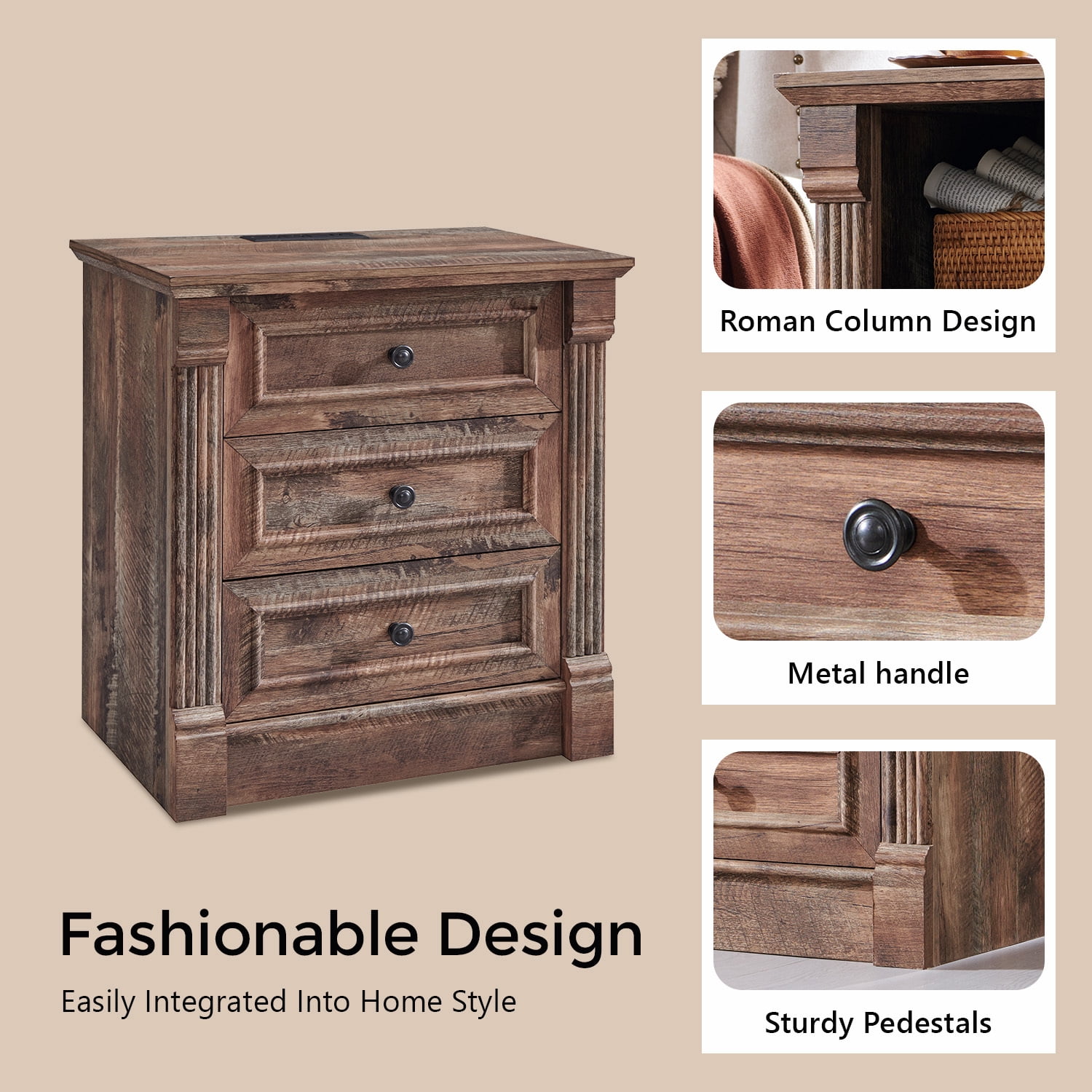 wow97e Farmhouse 3-Drawer Nightstand with Charging Station, Wood End Table with Roman Column for Bedroom, Light Brown