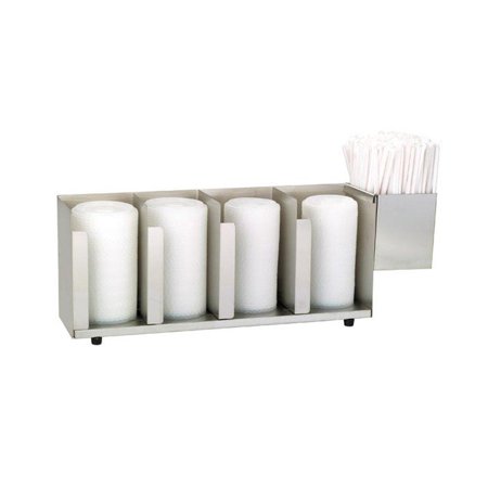 Dispense Rite Countertop Cup - Dispense-Rite CTLD-19A Four Section Stainless Steel Cup and Lid Organizer with Sh-1 Straw Attachment 4 Section with SH 1 Straw Holder 8 x 23 5/8 x 5