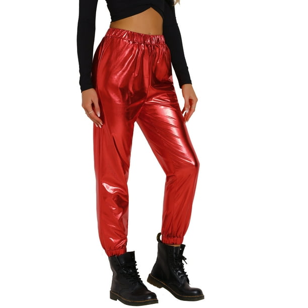 INSPIRE CHIC Pantalones metálicos holográficos brillantes de cintura alta para mujer, fiesta, color rojo