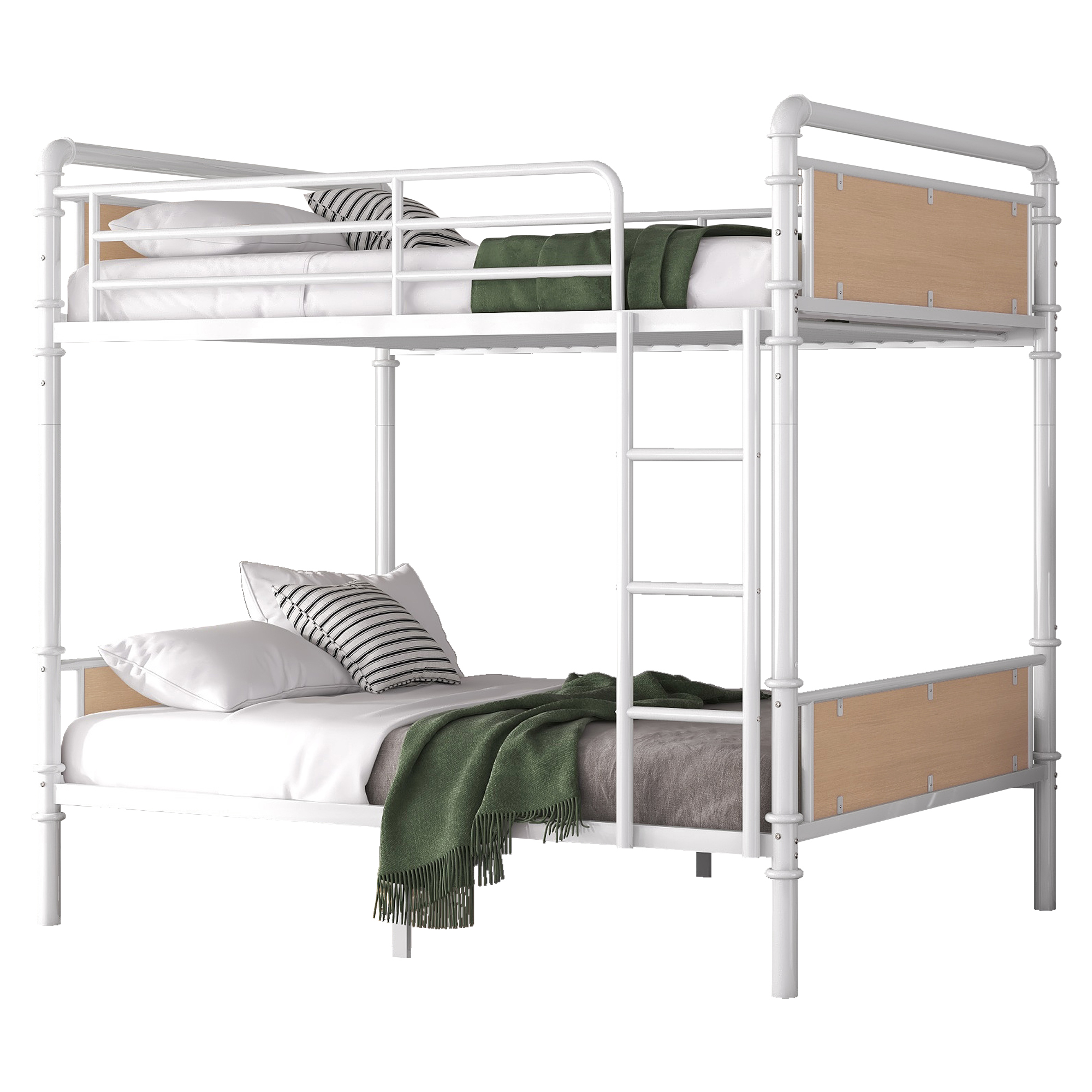 Twin XL over Twin XL Bunk Bed, Industrial Style Metal Bunk Bed with Safety Guard Rails for Teens and Adults, Easy Assembly, White