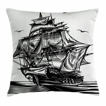 Pirate Ship Throw Pillow Cushion Cover, Nautical Line Art Style Illustration with Vintage Sailboat on Exotic Waters, Decorative Square Accent Pillow Case, 18 X 18 Inches, Black White, by Ambesonne