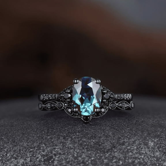 Gothic Alexandrite Engagement Ring Set in 14K Black Gold Vermeil- Black Onyx Gemstone Promise Ring- Anniversary Ring Set for Woman