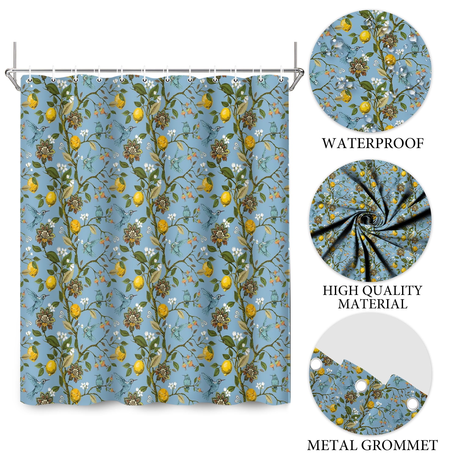 Blue Floral Bird Shower Curtain 72"x78",Hummingbird Botanical Bathroom Curtains,Vintage Farmhouse Chic French Country Style Bath Curtain Decor