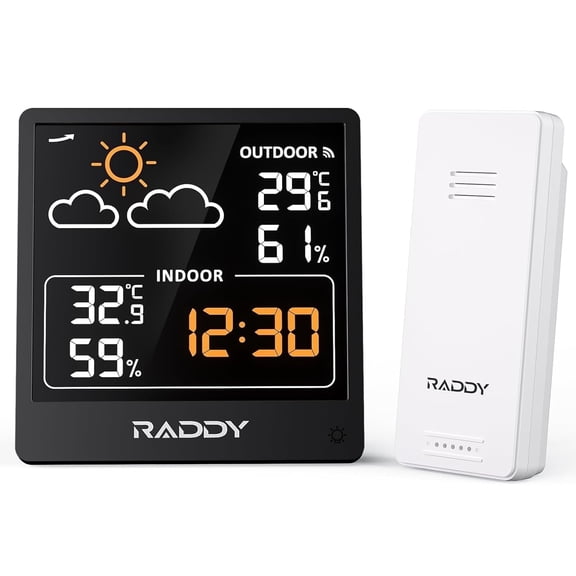 Raddy WF-50V Indoor Outdoor Thermometer Hygrometer, Wireless Weather Station Temperature & Humidity Monitor with 5.0’’ VA Display, USB-C Powered, Weather Forecast, Wireless Remote Sensor (Black)
