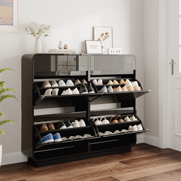 ANPOO Modern Shoe Cabinet with 2 Flip Drawers & 1 Storage Drawers,Rounded Design Freestanding Wood Shoe Rack for Hallway Bedroom Entryway