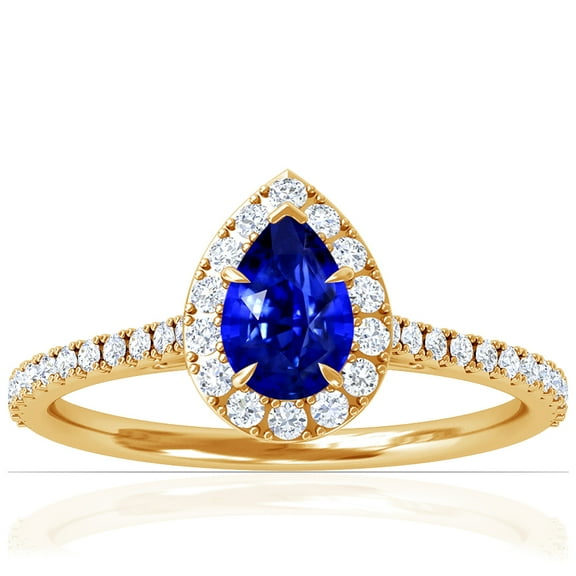 GemsNY September Birthstone - Dainty Pear Shape Blue Sapphire Halo Ring with Pave Set Diamonds (Grade - AAAA | 0.83cttw)