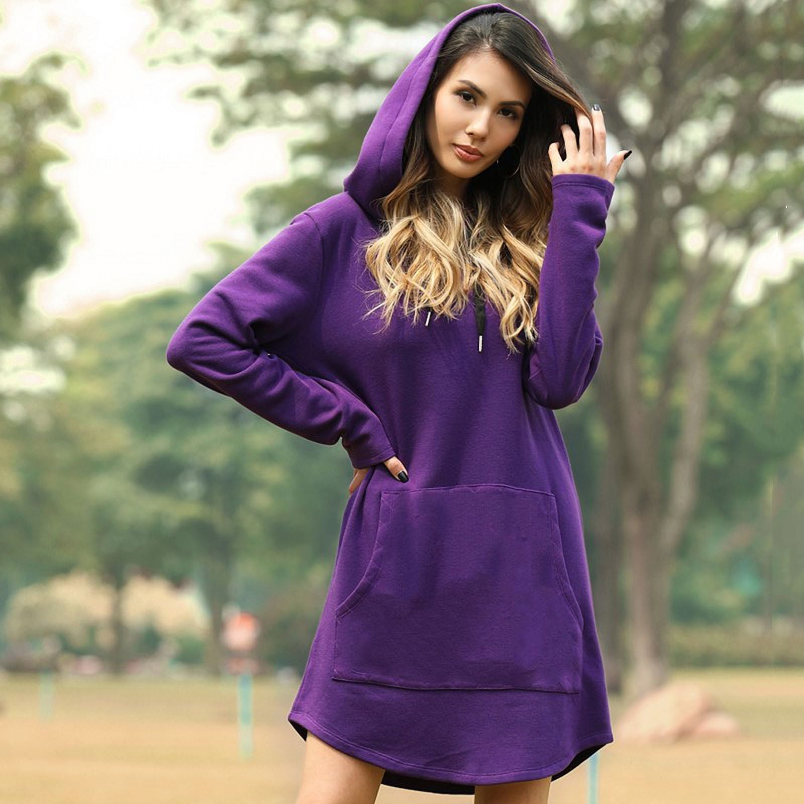 Fashion Hoodies Dress Solid Big Pocket Sweatshirt Korean Long Tops