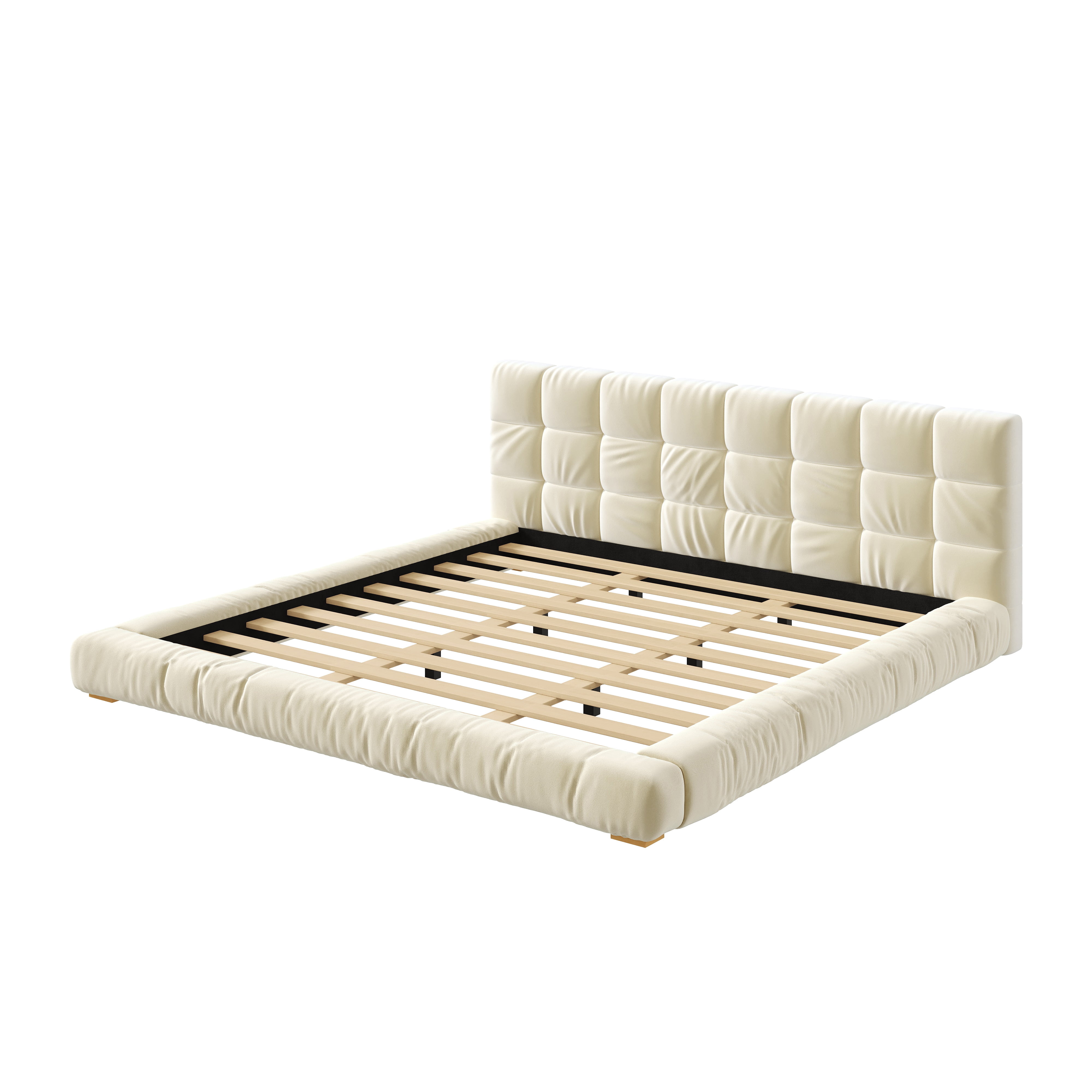 Euroco Velvet Upholstery King Size Platform Bed with Channel Tufted Headboard, Beige