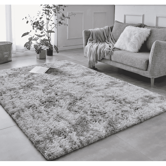 BRICHOEE Shag Area Rug, 5x7 Ft Tie-Dyed Light Grey Anti-Skid Indoor Modern Rug, High Pile Soft Throw Rug for Bedroom Nursery Room Living Room