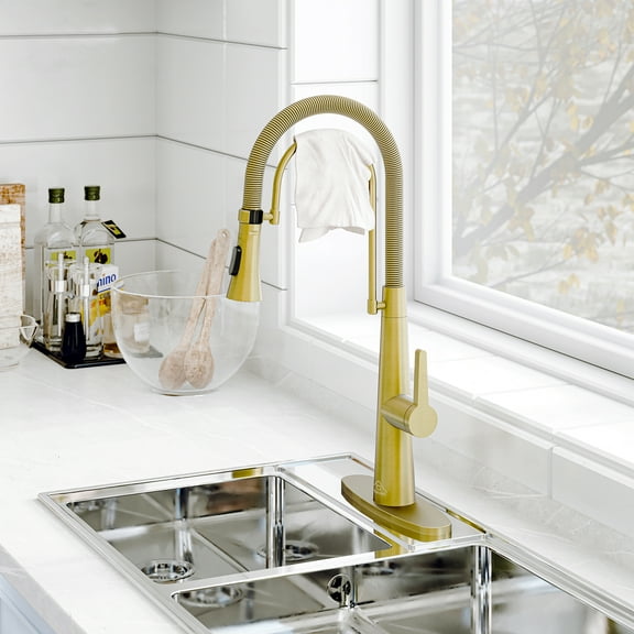 Boyel Living Kitchen Sink Faucet in Brushed Gold, 2-Mode Sprayer 1.8 gpm Spring Kitchen Sink Faucet with Detachable Towel Rack, Kitchen Faucet for Kitchen Sink