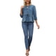 thumbnail image 2 of INSPIRAR CHIC Blusas de mezclilla para mujer con lazo en el frente, mangas abullonadas, dobladillo con volantes y peplum, camisetas de jean, color azul, 2 of 6