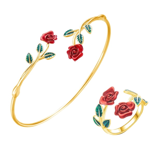 Rose Anillo Pulsera Conjunto de aceite de goteo Rose Abrir Anillo Pulsera Ajustable Accesorios para Mujer Chica para Regalo