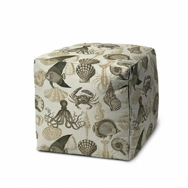 HomeRoots 17" Beige and Gray Polyester Cube Coastal Indoor Outdoor Pouf Ottoman