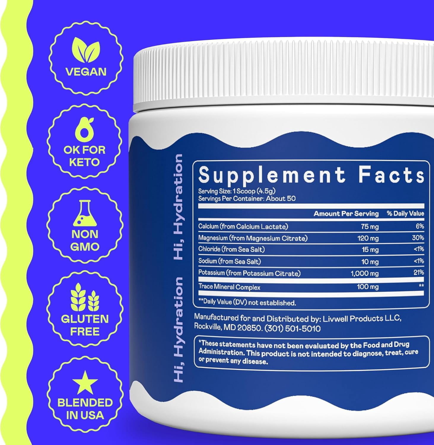 Hi-Lyte Keto K1000 Electrolyte Powder | Unflavored | Hydration Supplement Drink Mix | Boost Energy & Beat Leg Cramps | No Maltodextrin or Sugar | 50 Servings