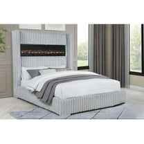 Velvet Upholstered Eastern King Size Bed with Electric Fireplace, USB Port, Modern Bedroom Bed Frame, Smoked Gray