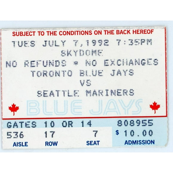 Toronto Blue Jays vs. Seattle Mariners Vintage Ticket Skydome 1992 Griffey Jr