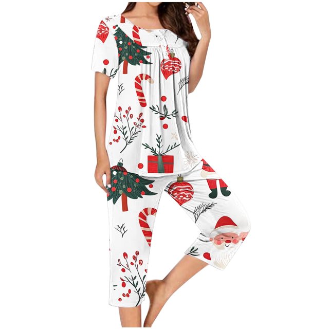 Puntoco Conjuntos de pijama cómodos para mujer, conjunto de pijama con top de manga corta con botones y cuello redondo con estampado navideño y pantalón con bolsillos y cintura elástica
