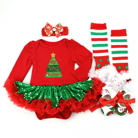 

Baby Girls First Christmas Outfit Newborn Romper Tutu Dress Infant Sequin Xmas Skirt with Shoes Headband Leg Warmer 0-18 Months
