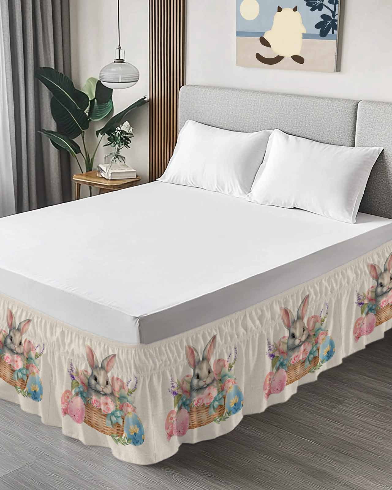 Easter,Wrap Around Bed Skirts for Queen Bed 16" Drop,Bed Skirt with Adjustable Elastic Belt Dust Ruffle Bed Valance for Bedroom Hotel Rustic Easter Basket Eggs Rabbits Tulip Lavender Bed Frame Cover