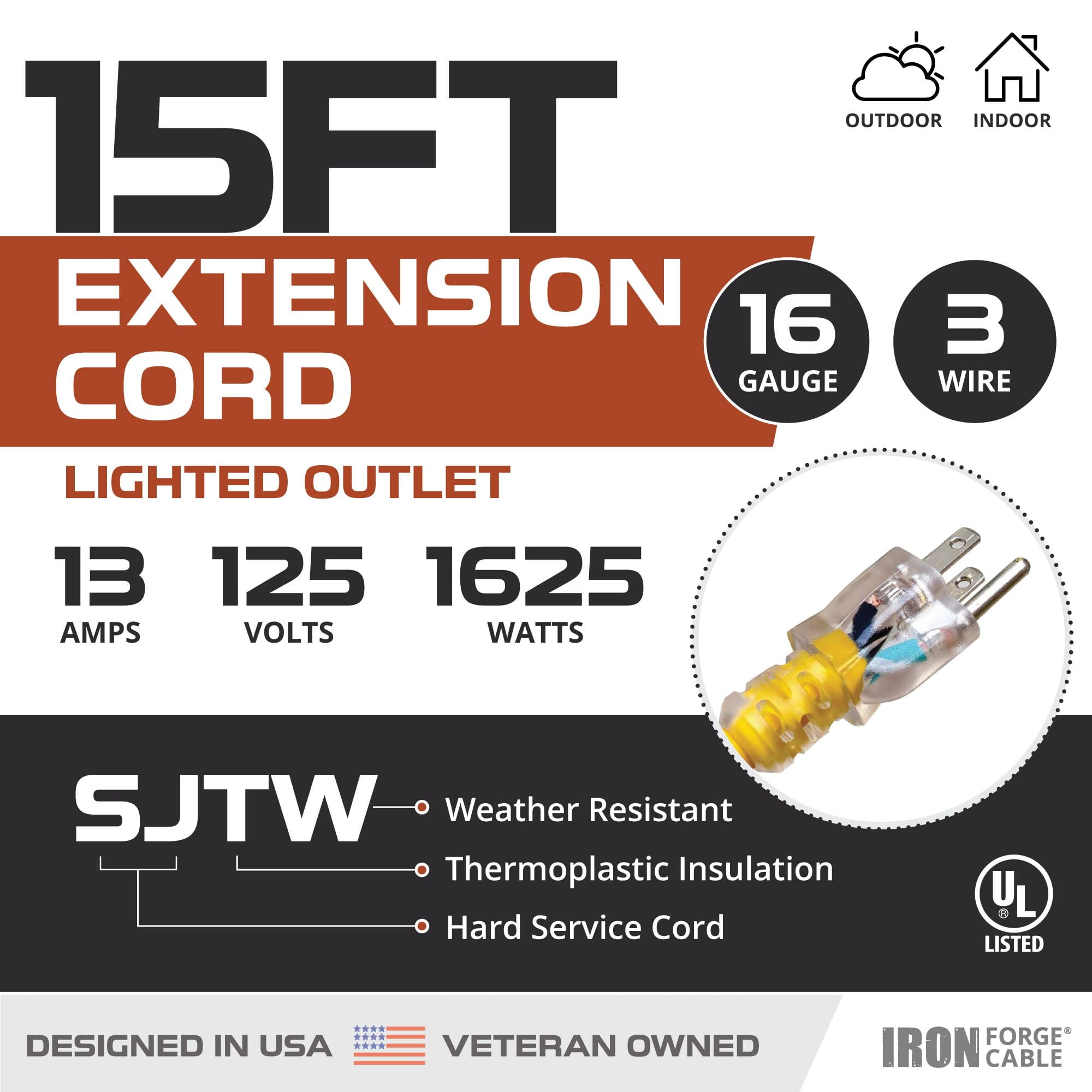 Iron Forge Cable Weatherproof 15 Ft Outdoor Extension Cord - 16/3 SJTW 13 Amp Heavy Duty Highly Visible Yellow Extension Cord 3 Prong - Lighted End