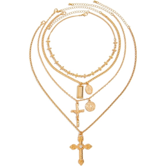 Gold Layered Cross Long Necklace for Women,Large Pearl Rhinestone Cross Pendant Necklace,Vintage Statement Stackable Necklaces Faith Jewelry Gift