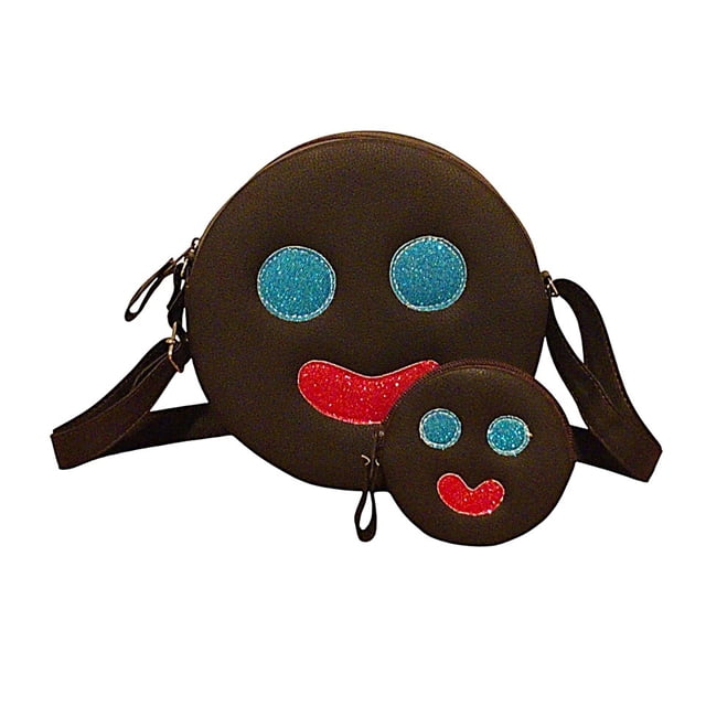SET de 2 Piezas: BOLSA y MONEDERO en forma de PALETA PAYASO, Redondo, Color Negro con Diseño de Carita Feliz, Bandolera, Detalles Brillantes en Turquesa y Rojo, Moda Kawaii.