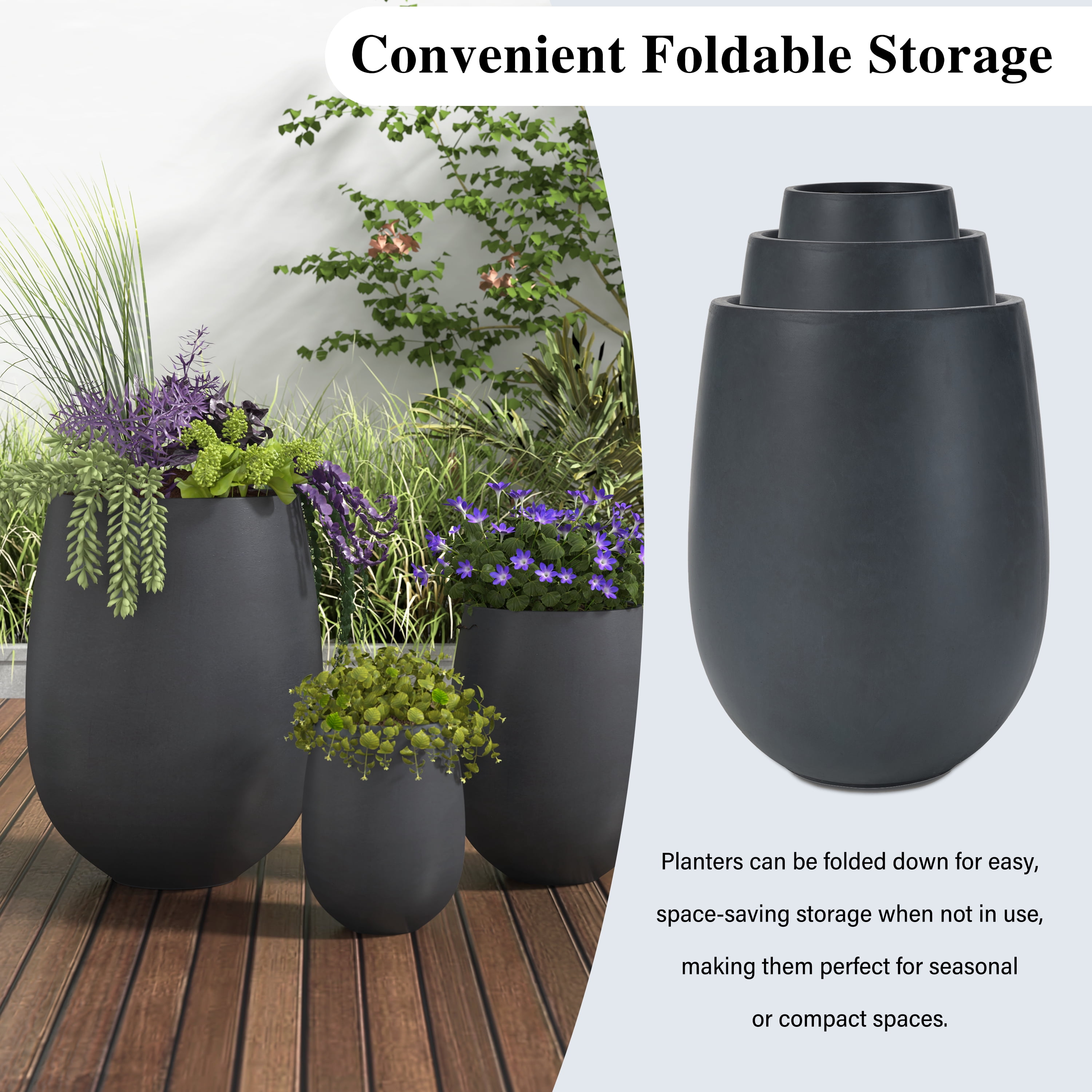 Mintazer Modern Planter Set of 3, 15.6"/10.74"/7.3" Round Stackable Flower Pots with Drainage Holes, Decorative Plant Pots for Indoor & Outdoor, Black