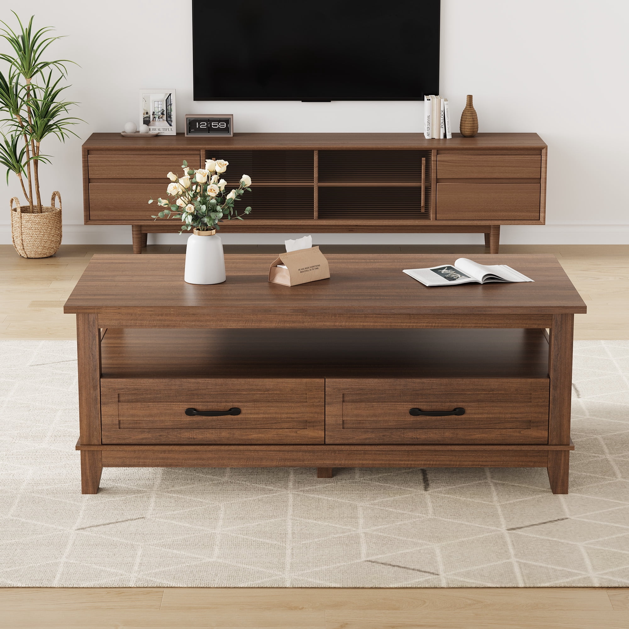 47.2" Farmhouse Coffee Table, Rustic Wood Coffee Table with 2 Storage Drawers and Open Shelf, Easy Assembly Living Room Table for Office, Parlor, Reading Room