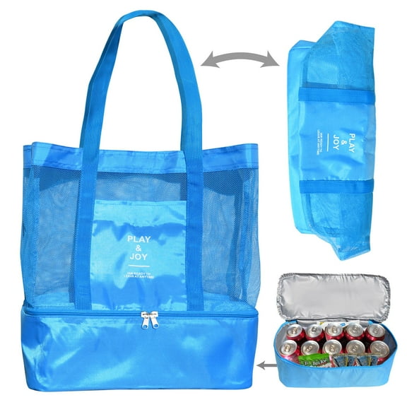 SUNNYOUTDOOR Mesh Beach Outdoor Sport Tote Bag w Insulated Picnic Cooler /Heat Insulatiion (Blue)