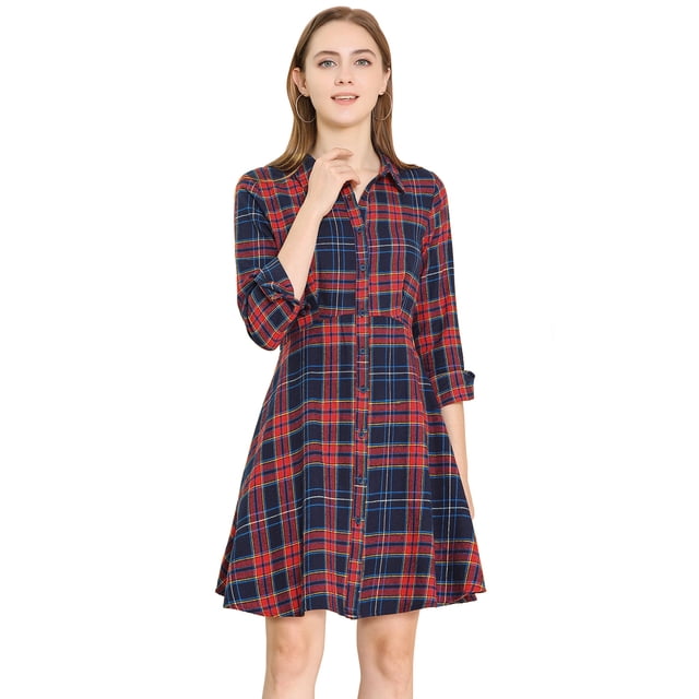INSPIRE CHIC Robe Trapèze à Carreaux pour Femme à Boutons, Col en Pointe, Manches Longues