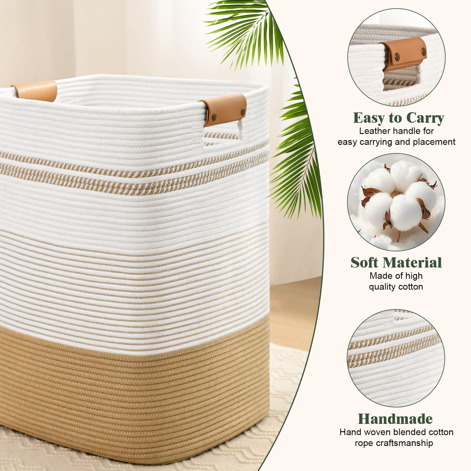 85L Large Foldable Laundry Hamper Basket with Leather Handles - Breathable Cotton Collapsible Storage Bin for Bedroom, Living Room, Dorm